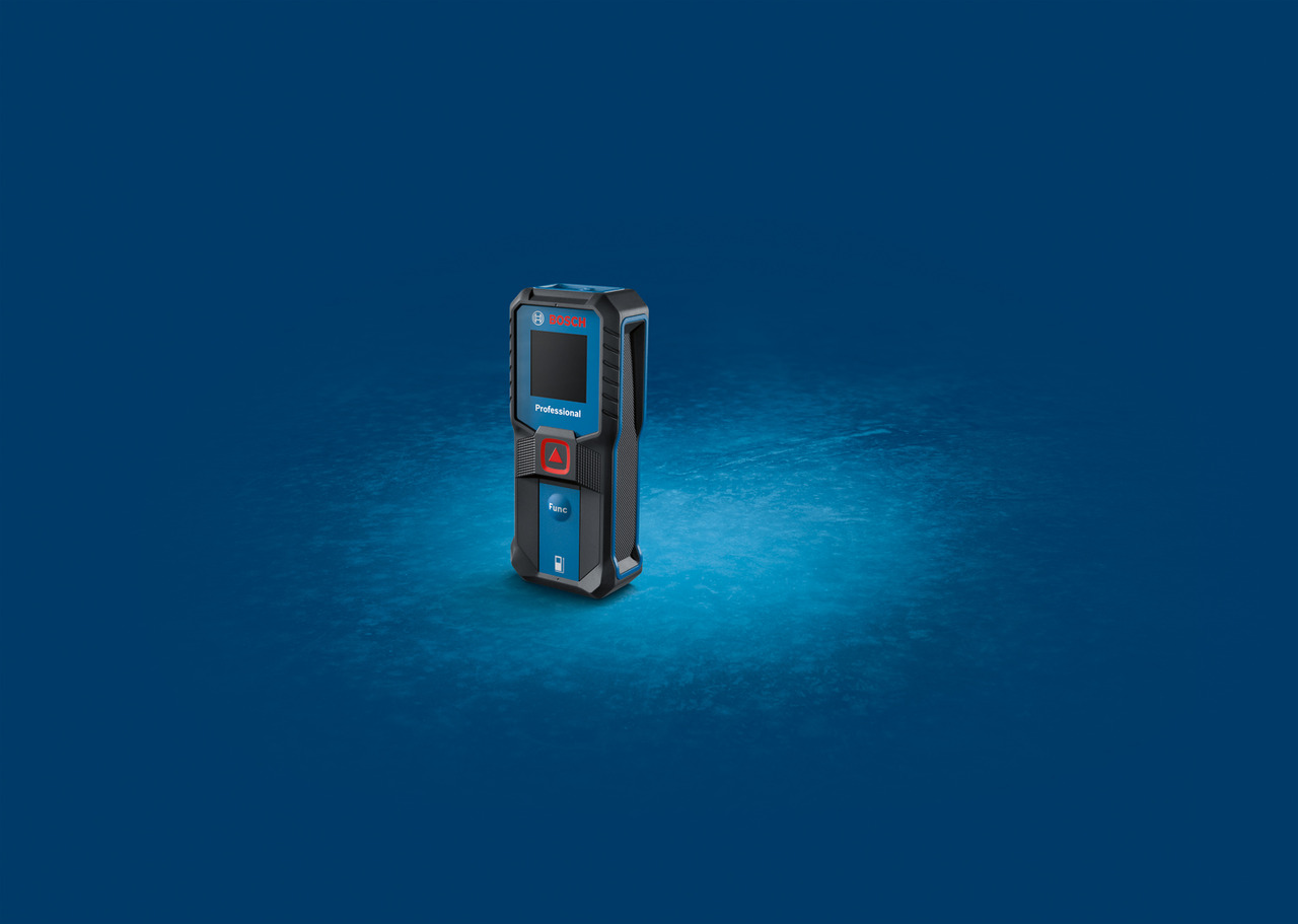 foto da trena laser bosch GLM 30-23 professional com um fundo azul destacando a trena